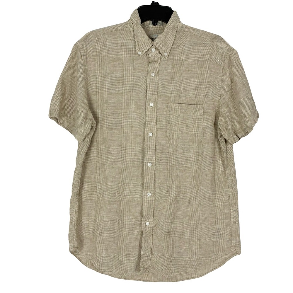 Nwot J Crew Beige Plaid Button Shirt M Short Sleeve Linen Classic Fit Preppy